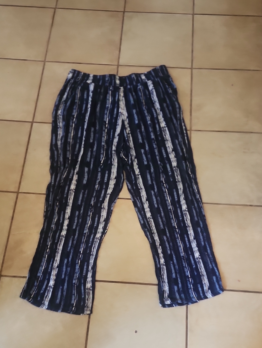 Three Dots Navy and White Striped Wide-Leg Trousers